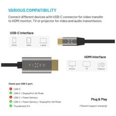 FIXED Video kabel s konektory USB-C/HDMI, USB-C 3.1 Gen 2 18Gbps, HDMI 2.0 4K60Hz, 2m, šedý FIXHU-CHDMI-GR