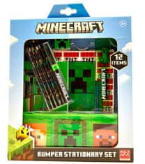 CurePink Set 8 školních potřeby Minecraft: Green (bloky, tužka, pastelky, lepidlo, ořezávátko, pravítko, guma, penál)