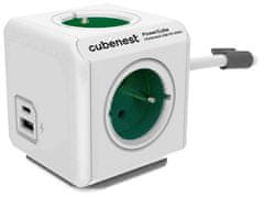 PowerCube Cubenest Extended USB PD 20W, A+C, 4× zásuvka, 1,5m, bílá/zelená, dětská pojistka, uzemnění, dok, 10A/250V