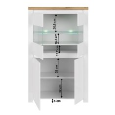 KONDELA Vitrína 2D2W, bílý lesk, dub wotan, VILGO 41.5 x 98 x 156.5 cm