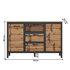 KONDELA Komoda 2D2S, hnědá, černá, LOFTA dřevotříska 38.2 x 150 x 98.1 cm