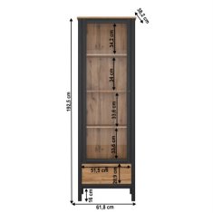 KONDELA Vitrína 1W1S hnědá, černá LOFTA dřevotříska 38.2 x 61.8 x 192.5 cm