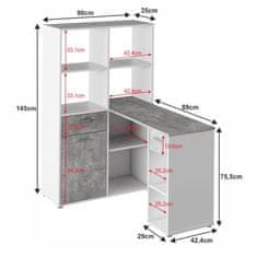 KONDELA Rohový PC stůl s regálem bílá, šedá MINESON dřevotříska 90 x 124 x 145 cm