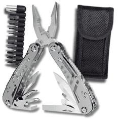 Camerazar Kompaktní stříbrný multitool 24v1 s 11 bitů, kombinované kleště, nůž. **** Kompaktní stříbrný multitool 24v1.