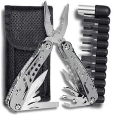 Camerazar Kompaktní stříbrný multitool 24v1 s 11 bitů, kombinované kleště, nůž. **** Kompaktní stříbrný multitool 24v1.