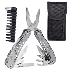 Camerazar Kompaktní stříbrný multitool 24v1 s 11 bitů, kombinované kleště, nůž. **** Kompaktní stříbrný multitool 24v1.