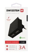 SWISSTEN SÍŤOVÝ ADAPTÉR SMART IC, CE 2x USB 3 A POWER ČERNÝ