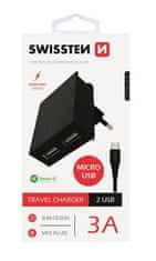 SWISSTEN SÍŤOVÝ ADAPTÉR SMART IC, CE 2x USB 3 A POWER ČERNÝ+ DATOVÝ KABEL USB / MICRO USB 1,2 M ČERNÝ