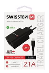 SWISSTEN SÍŤOVÝ ADAPTÉR SMART IC, CE 2x USB 2,1 A POWER ČERNÝ + DATOVÝ KABEL USB / MICRO USB 1,2 M ČERNÝ