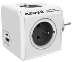 PowerCube Cubenest Original USB PD 20W, A+C, 4× zásuvka, bílá/šedá, dětská pojistka, uzemnění, max. 16A/250V~3680W