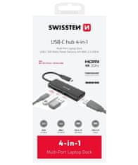 Swissten usb-c hub 4-in-1 (usb-c 100w, hdmi 4k, 2x usb-a) aluminium