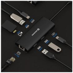 Swissten usb-c hub 8-in-1 (usb-c 100w, hdmi 4k, lan rj45, 2x usb-a, 1x usb-c 5gbps, sd, micro sd) aluminium