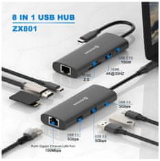 Swissten usb-c hub 8-in-1 (usb-c 100w, hdmi 4k, lan rj45, 2x usb-a, 1x usb-c 5gbps, sd, micro sd) aluminium