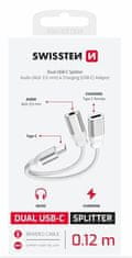 SWISSTEN NABÍJECÍ AUDIO ADAPTÉR TEXTILE USB-C (samec) / USB-C (samice) a 3,5mm AUX 0,12 M BÍLÝ