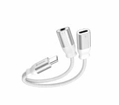 SWISSTEN NABÍJECÍ AUDIO ADAPTÉR TEXTILE USB-C (samec) / USB-C (samice) a 3,5mm AUX 0,12 M BÍLÝ