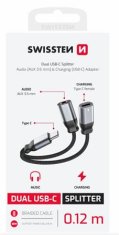 SWISSTEN NABÍJECÍ AUDIO ADAPTÉR TEXTILE USB-C (samec) / USB-C (samice) a 3,5mm AUX 0,12 M ČERNÝ