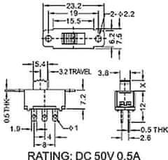 HADEX Přepínač posuvný SS-22F32, ON-ON 2pol.50V/0,5A