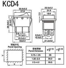 HADEX Přepínač kolébkový KCD4, ON-ON 2pol.250V/15A červený,prosvětlený