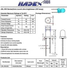 HADEX LED 3mm modrá rozpt.200mCd/30mA 35°2,6-3,8V 3x4,8m