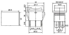 HADEX Tlačítko kolébkové KCD2-223, (ON)-OFF-(ON) 250V/10A 2P I-0-II