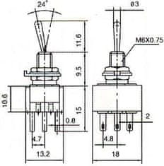 HADEX Přepínač pačkový MTS-302, ON-ON 3pol.250V/3A-mini-otvor 6mm