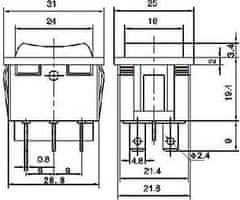 HADEX Tlačítko kolébkové RS-223-4C (ON)-OFF-(ON) 2p.250V/15A I-O-II