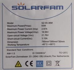 HADEX Fotovoltaický solární panel 12V/55W, SZ-55-36M, 790x395x30mm