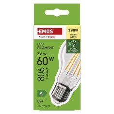 Emos LED žárovka Filament A60 A CLASS/ E27 / 3,8 W (60 W) / 806 lm / teplá bílá