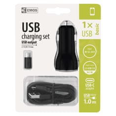 Emos USB adaptér do auta 2,1A + micro USB kabel + USB-C redukce