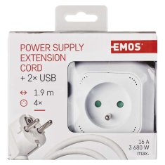 Emos Prodlužovací kabel - kostka 1,9 m / 4 zásuvky / bílý / PVC / s USB / 1 mm2