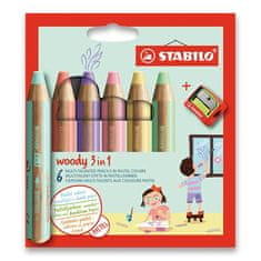 Stabilo Pastelky Woody 3in1, sada 6 ks v pouzdru s ořezávátkem