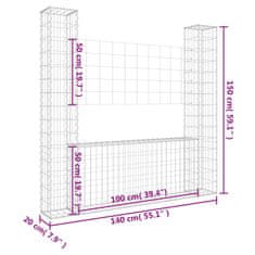 Vidaxl Gabionový koš ve tvaru U se 2 sloupky železo 140 x 20 x 150 cm