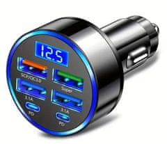 HADEX Autoadaptér USB 12V/5V s voltmetrem, 4x USB A+2x USB-C