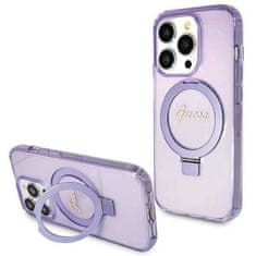 Guess hard silikonové pouzdro iPhone 15 PRO 6.1" purple Ring Stand Script Glitter MagSafe