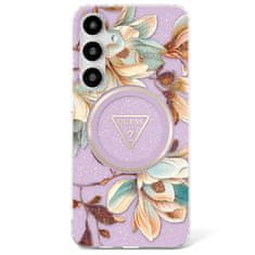 Guess Originální zadní kryt Glitter Flowers Triangle Buttons Magsafe pro Samsung Galaxy S25 Ultra purple