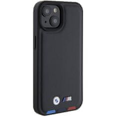 Bmw hard kožený obal iPhone 15 6.1" Black Leather Stamp Tricolor