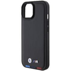 Bmw hard kožený obal iPhone 15 6.1" Black Leather Stamp Tricolor