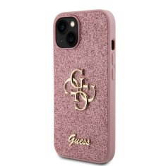 Guess  PU Fixed Glitter 4G Metal Logo Zadní Kryt pro iPhone 15 Pink