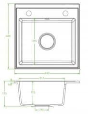 Kuchinox Granitový dřez s jednou mísou a sifonem 44x44cm šedý čtvercový Laveo