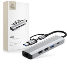 Tech-protect HB03 HUB adaptér USB-C + USB - 3x USB / USB-C / RJ45, šedý