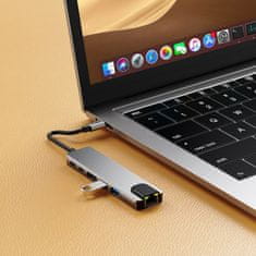 Tech-protect HB02 HUB adaptér USB-C - 2x USB / HDMI 4K / RJ45 / USB-C 100W, šedý