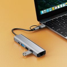 Tech-protect HB03 HUB adaptér USB-C + USB - 3x USB / USB-C / RJ45, šedý