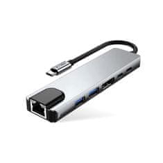 Tech-protect HB02 HUB adaptér USB-C - 2x USB / HDMI 4K / RJ45 / USB-C 100W, šedý