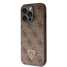 Guess  PU 4G Strass Triangle Metal Logo Zadní Kryt pro iPhone 15 Pro Brown