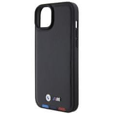 Bmw hard kožený obal iPhone 15 PLUS 6.7" Black Leather Stamp Tricolor