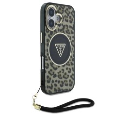 Guess Zadní kryt IML Leopard Triangle Logo Strap MagSafe pro iPhone 16 Brown