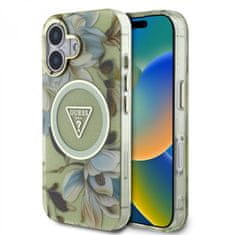 Guess Zadní kryt IML Glitter Magnolia and Triangle Logo MagSafe pro iPhone 16 Green