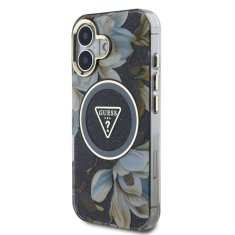 Guess Zadní kryt IML Glitter Magnolia and Triangle Logo MagSafe pro iPhone 16 Black