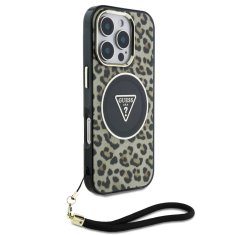 Guess Zadní kryt IML Leopard Triangle Logo Strap MagSafe pro iPhone 16 Pro Brown