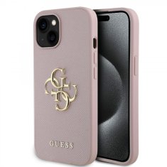 Guess Zadní kryt PU Grained 4G Metal Logo pro iPhone 15 Pink